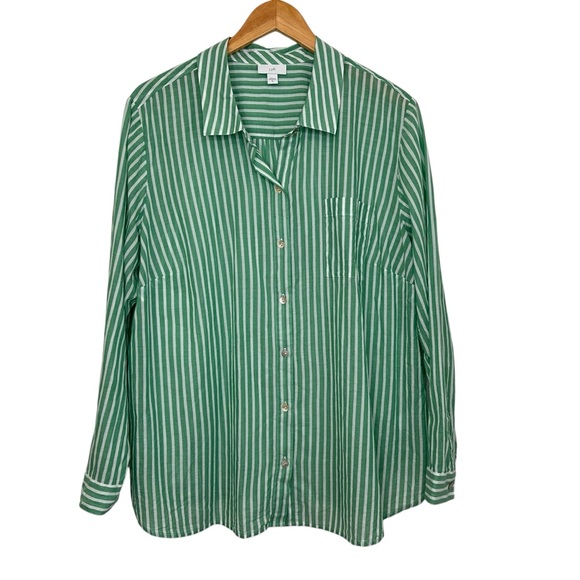 J. Jill Tops - J Jill Womens Striped Cotton Button Up Shirt Sz XL Green White Long Sleeve